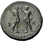 Sestertius - Vespasian, Titus, and Domitian T IMP AVG F COS II CAESAR DOMITIAN AVG F COS DESIG II S C, Rome, 72 reverse image
