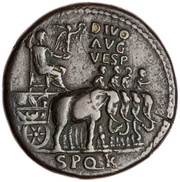 Sestertius - Vespasian IMP T CAES DIVI VESP F AVG P M TR P P P COS VIII obverse image