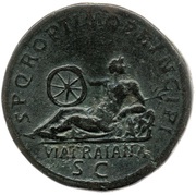 Sestertius - Trajan S P Q R OPTIMO PRINCIPI S C VIA TRAIANA; Via Trajana, Rome, 112-114 reverse image