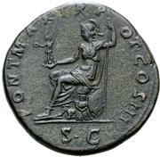 Sestertius - Hadrian PONT MAX TR POT COS III SC; Roma, Rome, 119-120 reverse image