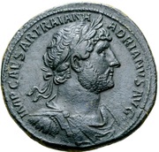 Sestertius - Hadrian P M TR P COS III S C; Minerva obverse image