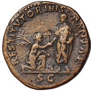 Sestertius - Hadrian RESTITVTORI HISPANIAE S C; Hispania, Rome, 130-133 reverse image