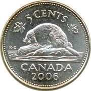 5 Cents - Elizabeth II 4th portrait; magnetic with RCM logo, Canada, 2006-2022 reverse image