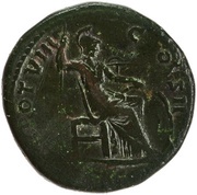 Sestertius - Marcus Aurelius TR POT VIII COS II S C; Minerva, Rome, 153-154 reverse image
