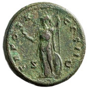 Sestertius - Marcus Aurelius TR POT X COS II S C; Minerva, Rome, 155-156 reverse image