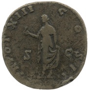 Sestertius - Marcus Aurelius TR POT XIII COS II S C; Spes, Rome, 158-159 reverse image