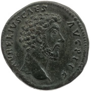 Sestertius - Marcus Aurelius TR POT XIII COS II S C; Virtus obverse image