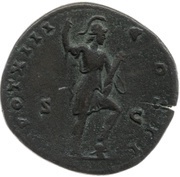 Sestertius - Marcus Aurelius TR POT XIII COS II S C; Virtus, Rome, 158-159 reverse image