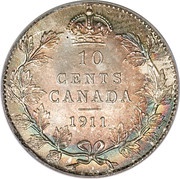 10 Cents - George V w/o "DEI GRATIA", Canada, 1911 reverse image