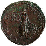 Sestertius - Faustina the Younger VENVS VICTRIX S C; Venus and Victory, Rome, 161-176 reverse image