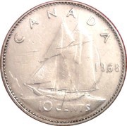 10 Cents - Elizabeth II 2nd portrait; Silver (.500), Philadelphia mint, Canada, 1968 reverse image
