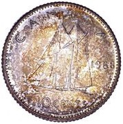 10 Cents - Elizabeth II 2nd portrait; Silver (.500), Ottawa mint, Canada, 1968-1969 reverse image