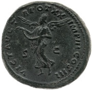 Sestertius - Marcus Aurelius VICT AVG TR POT XX IMP III COS III S C; Victory, Rome, 165-166 reverse image