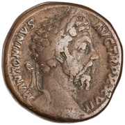 Sestertius - Marcus Aurelius IMP VI COS III S C; Jupiter obverse image