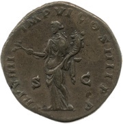 Sestertius - Commodus TR P VIIII IMP VI COS IIII P P S C; Pax, Rome, 183-184 reverse image