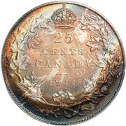 25 Cents - George V w/o "DEI GRATIA", Canada, 1911 reverse image