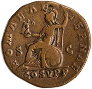 Sestertius - Commodus ROMAE AETERNAE COS V P P S C; Roma and Victory, Rome, 186-189 reverse image