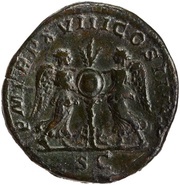 Sestertius - Septimius Severus P M TR P XVIII COS III P P S C; Victory, Rome, 210 reverse image