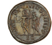 Sestertius - Septimius Severus P M TR P XVIII COS III P P S C; Virtus and Victory, Rome, 210 reverse image