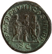 Sestertius - Septimius Severus and Caracalla P M TR P XVIII COS III P P S C; Pietas and Concordia, Rome, 210 reverse image