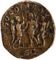 Sestertius - Geta and Caracalla CONCORDIE AVGG S C; Apollo, Victory, Liber, and Hercules, Rome, 210-212 reverse image