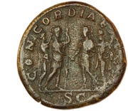 Sestertius - Caracalla CONCORDIAE AVGG S C; Apollo and Hercules, Rome, 210-213 reverse image