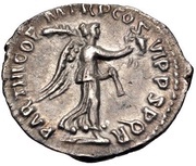 Quinarius - Trajan PARTHICO P M TR P COS VI P P S P Q R; Victory, Rome, 114-117 reverse image