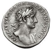 Quinarius - Hadrian P M TR P COS DES III; Victory obverse image