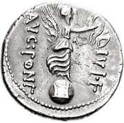 Denarius - Augustus DIVI F AVG PONT; Victory, Rome, 31 BC - 29 BC reverse image