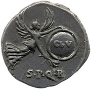 Denarius - Augustus S P Q R CL V; Victory, Rome, 19 BC reverse image
