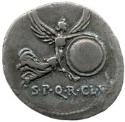 Denarius - Augustus S P Q R CL V; Victory, Rome, 19 BC reverse image