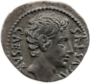 Denarius - Augustus S P Q R CL V; Victory obverse image