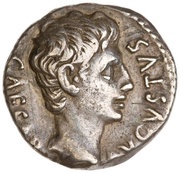 Denarius - Augustus S P Q R CL V; Victory obverse image