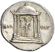 Denarius - Augustus MAR VLT; Mars; Mars' head right, Rome, 19 BC reverse image