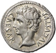 Denarius - Augustus S P Q R CL V; Victory facing obverse image