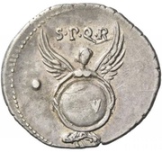 Denarius - Augustus S P Q R CL V; Victory facing, Rome, 19 BC reverse image
