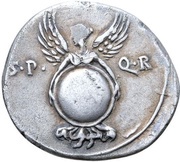 Denarius - Augustus S·P·Q·R CL·V; Victory, Rome, 19 BC reverse image
