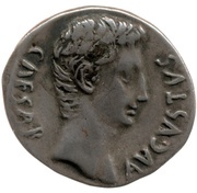 Denarius - Augustus S P Q R CL V; Victory obverse image