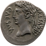 Denarius - Augustus S P Q R CL V; Victory obverse image