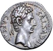 Denarius - Augustus S P Q R CL V; Victory obverse image