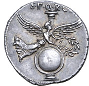 Denarius - Augustus S P Q R CL V; Victory, Rome, 19 BC - 18 BC reverse image
