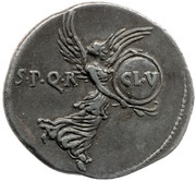 Denarius - Augustus S P Q R CL V; Victory, Rome, 19 BC - 18 BC reverse image
