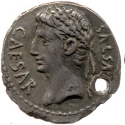Denarius - Augustus S P Q R CL V; Victory obverse image
