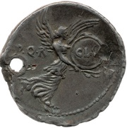 Denarius - Augustus S P Q R CL V; Victory, Rome, 19 BC - 18 BC reverse image