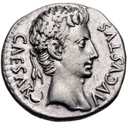 Denarius - Augustus S P Q R CL V; Victory obverse image