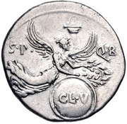 Denarius - Augustus S P Q R CL V; Victory, Rome, 19 BC - 18 BC reverse image