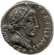 Denarius CAESAR DIVI F ARME CAPT; Feronia obverse image