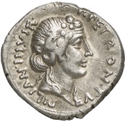 Denarius CAESAR DIVI F ARME CAPT; Liber obverse image