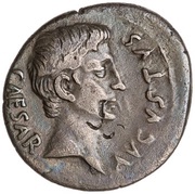 Denarius - Augustus M DVRMIVS IIIVIR; Victory obverse image