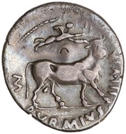Denarius - Augustus M DVRMIVS IIIVIR; Victory, Rome, 19 BC - 4 BC reverse image